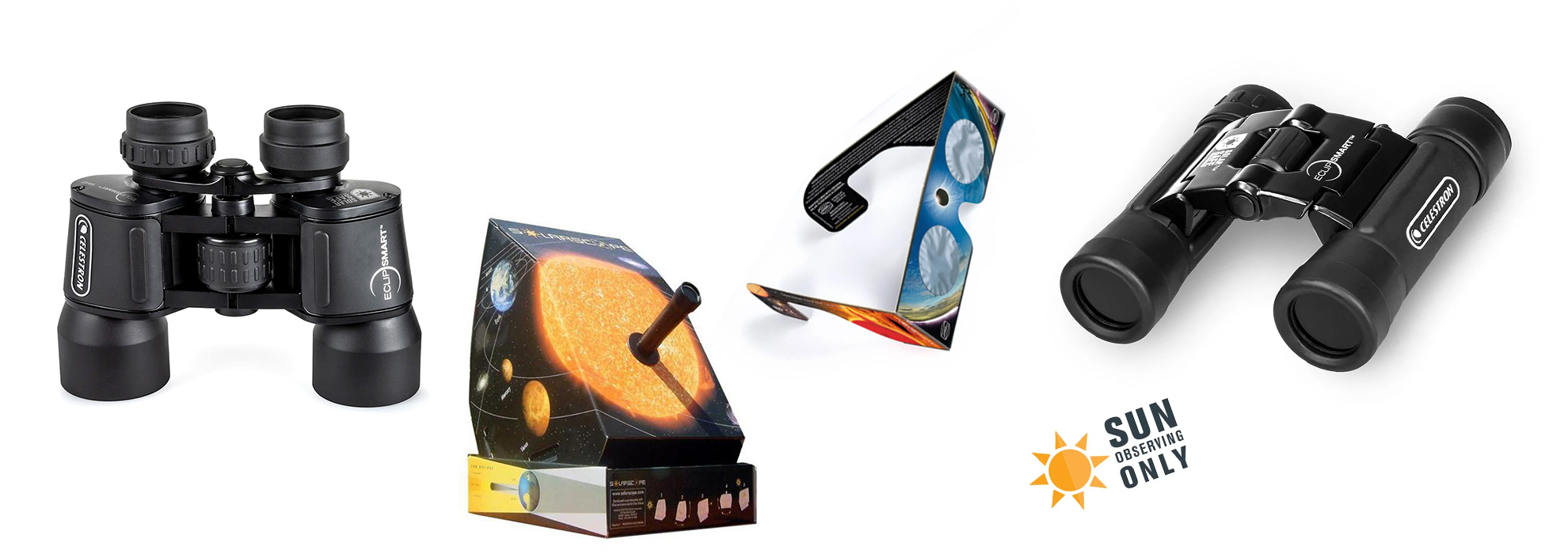 Eine Produktübersicht von Geräten zur sicheren Sonnenbeobachtung auf weißem Hintergrund: links ein schwarzes Porro-Fernglas der Marke Celestron EclipSmart, daneben ein schwarzer Solarscope-Projektor mit abgebildeter Sonne, eine Sonnenfinsternisbrille aus Pappe und rechts ein kompaktes Celestron Dachkant-Fernglas mit einem Hinweis-Logo „Sun Observing Only“.